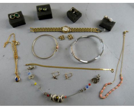 Fine gold bracelet, a pair of earrings with crosses 9ct gold, pendant with opal doublet Pulsar watch and items of costume jew