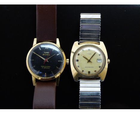 Two gentleman's wristwatches HMT Sona with gold hands and baton markers, black dial, gold plated case and 17 jewel movement, 