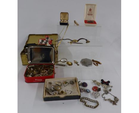 A collection of jewellery including Ronson lighter, buttons, silver ring etc