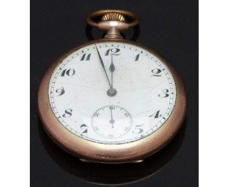 Keyless winding open faced pocket watch&nbsp;with inset subsidiary seconds dial, blued hands, black Arabic numerals, white en