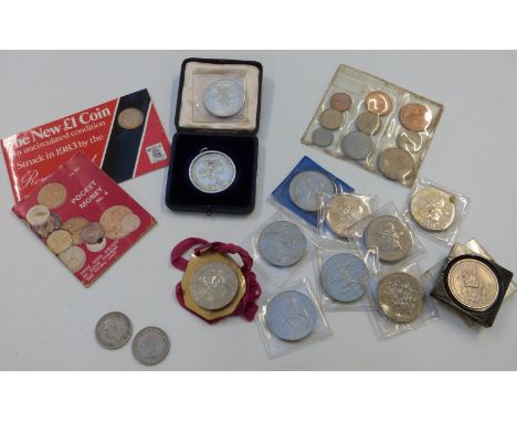 Two silver 1968 Mexico Olympics 25 Pesos coins, one in a mount and cased, together with a collection of commemorative crowns 