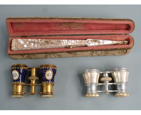 Duvelleroy 19thC&nbsp;mother of pearl and lace fan in in named fitted case, opera glasses by Lemaire, Paris and W Newman, Cal