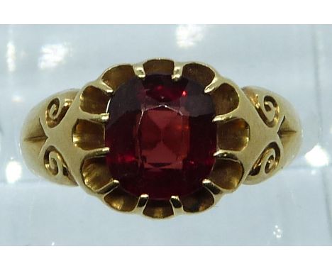 Victorian 18ct gold ring set with a cushion cut&nbsp;almandine-pyrope garnet of approximately 2.35ct with unusual rutile incl