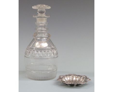 Regency cut glass decanter, Georgian hallmarked silver port bottle ticket or label maker's mark TH and a Walker and Hall Edwa