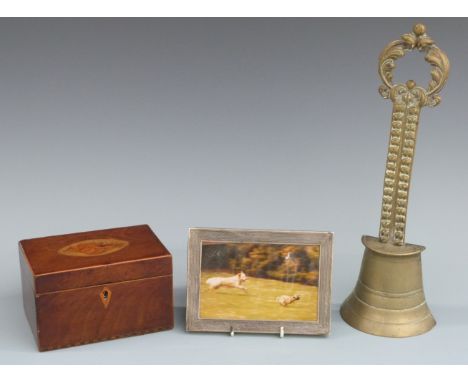 Hallmarked silver photograph frame to suit 6 x 4 inch photo, Georgian tea caddy and a brass door stop in the form of a bell