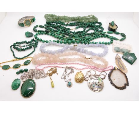 A group of malachite jewellery to include five necklaces, two bracelets, watch, three quartz necklaces, silver pendant, silve