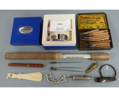 Tissot quartz watch in original box, Conway Stewart fountain pen with 14ct gold nib, whistle, needles, dairy thermometer etc