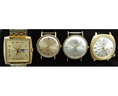 Four gold plated gentleman's wristwatches comprising Timex, Swiss Emperor, Windsor De Luxe and Newmark.&nbsp;