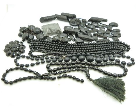 A strand of Chinese prayer beads, French jet beads and brooch, Vauxhall glass etc&nbsp;