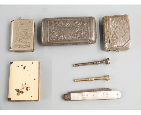 Three vesta cases, snuff box, hallmarked silver and mother of pearl folding knife, propelling pencil and a retractable tooth 