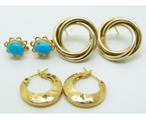 A pair of 9ct gold earrings, a pair of yellow metal earrings (10.6g) and a pair of Monet earrings&nbsp;