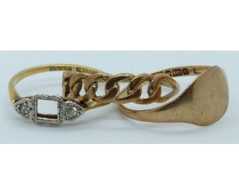 Two 9ct gold rings (2.2g) and an 18ct gold ring (2g)
