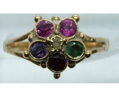 Victorian 'Regard' ring set with a ruby, emerald, garnet, amethyst, ruby and diamond, 2g, size K