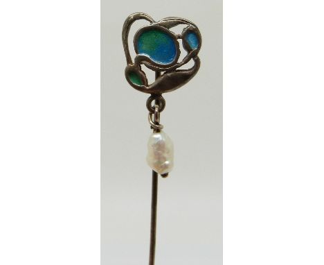 Liberty and Co silver stick pin set with enamel and a drop pearl&nbsp;