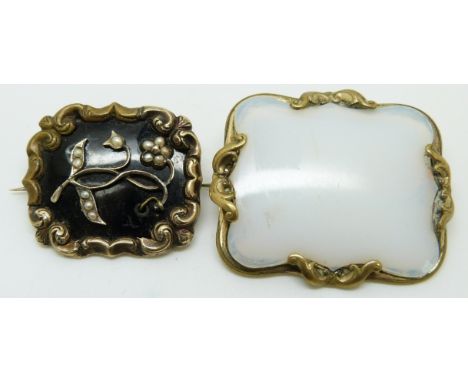 Victorian mourning brooch set with seed pearls and black enamel, verso a glass compartment and another Victorian brooch set w