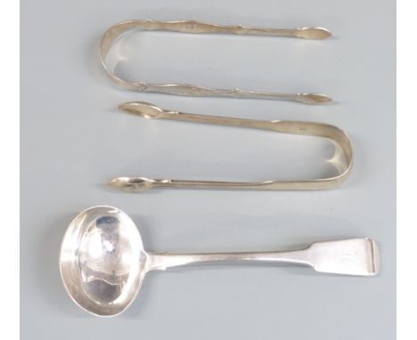 Georgian hallmarked silver sauce ladle, Exeter 1819 maker's mark WW, together with two pair of sugar tongs, one having bright
