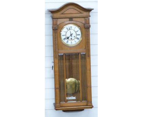 Gustav Becker late 19thC three train Vienna regulator wall clock with enamel Roman dial, spade hands and gilt bezel, the waln