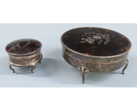 Two hallmarked silver pique work tortoiseshell lidded trinket boxes, the larger London 1918 the other London 1926, diameter o