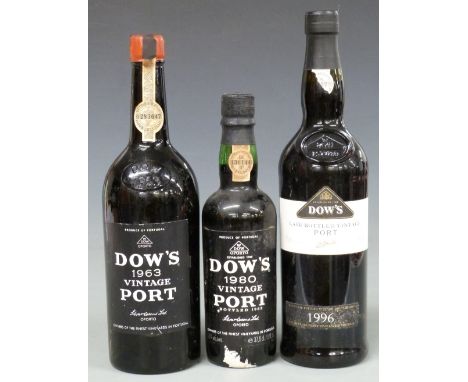 Three bottles of Dow's Vintage Port, comprising Dows 1963 Vintage Port, Dows 1980 half bottle, 375ml, 20% vol and Dow's Late 
