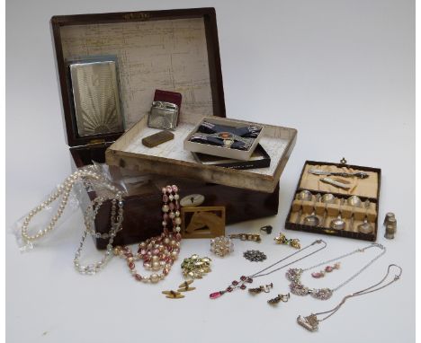 A silver butter knife, silver thimble, silver Art Deco ring, paste necklace, costume jewellery etc, in a wooden box&nbsp;