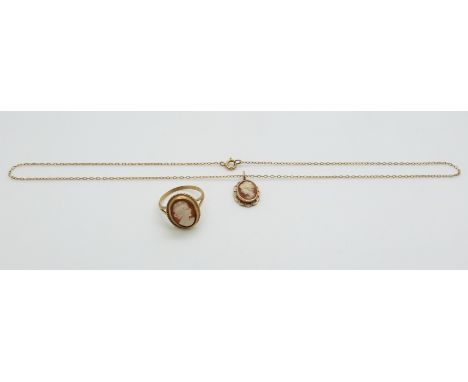 A 9ct gold ring set with a cameo and a pendant, 4.7g
