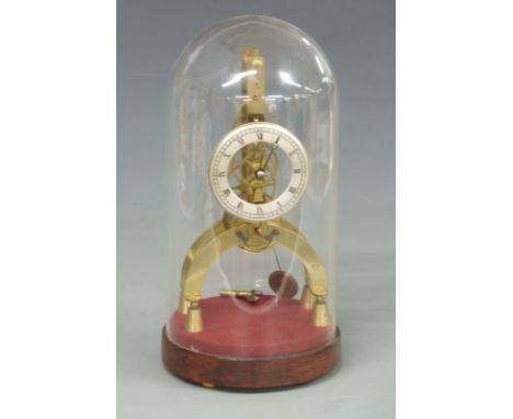 Late 19th/early 20thC skeleton clock under glass dome, with Roman numerals to silvered chapter ring, Breguet hands, 31cm tall