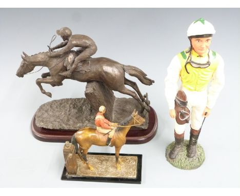 Painted cast metal table lighter&nbsp;formed as a horse and jockey, height 17cm, D Geenty cold cast horse racing study and a&