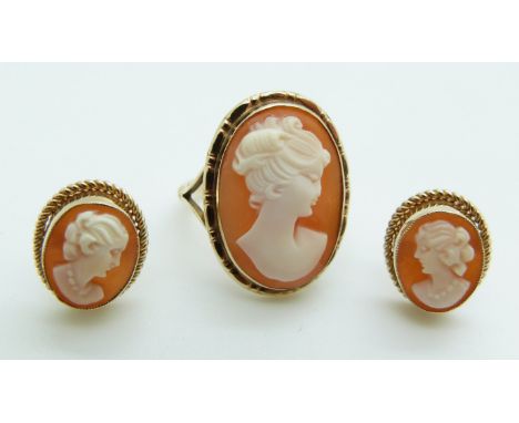 A 9ct gold cameo ring, size J and matching earrings, 5.4g