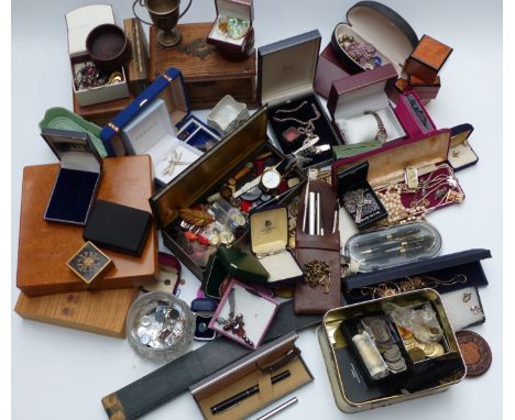 A collection of costume jewellery including Miracle brooches, silver rings, silver pendant, buckle, coins, toucan buttons, vi