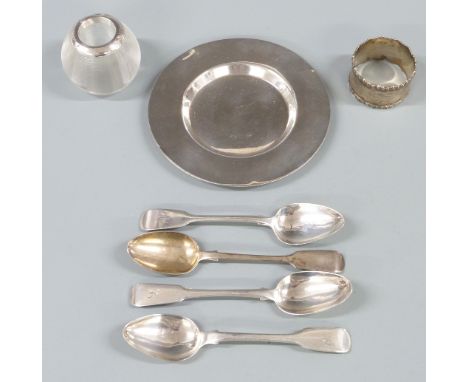 Hallmarked silver pin dish, London 1965, four various hallmarked silver teaspoons and a silver napkin ring, weight 179g toget