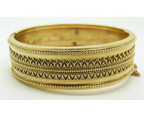 Victorian Etruscan Revival bangle, engraved 'Ann Beau died October 1st 1884'
