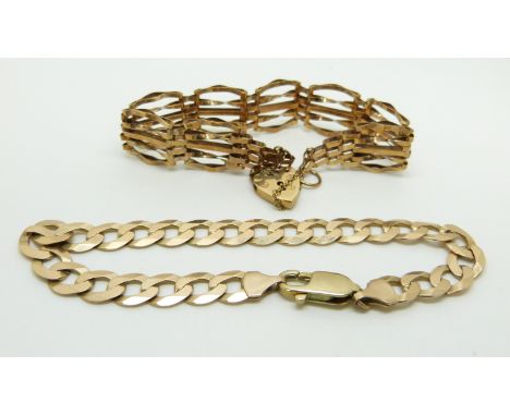 A 9ct gold gate bracelet with a heart padlock clasp and a 9ct gold curb link bracelet, 18g