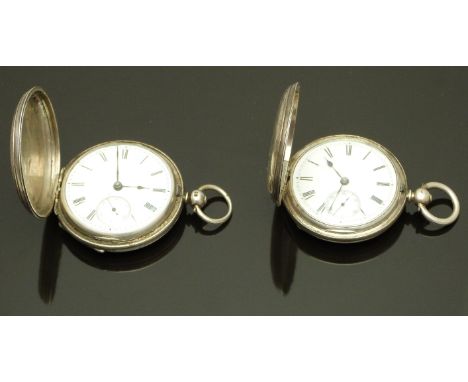 Two hallmarked silver full hunter pocket watches one by J Myers of Portsea both with inset subsidiary seconds dials, black ha