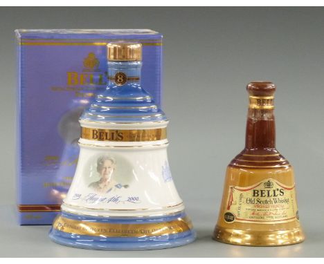Two ceramic Bell's whisky bells, 100 years of Queen Elizabeth the Queen Mother, 700ml, 40%, in original presentation box and 
