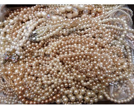 A collection of faux pearl necklaces, vintage and modern paste/ diamanté&nbsp;