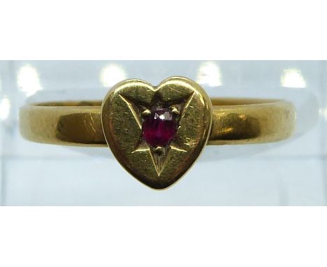 Victorian 18ct gold ring in the form of a heart set with a ruby, London 1886 maker MP &amp; P, 2.1g, size O