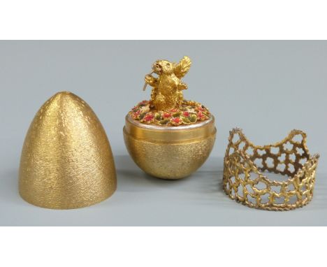 Stuart Devlin limited edtition hallmarked silver gilt egg on stand, with bark effect exterior and squirrel amongst enamel fol