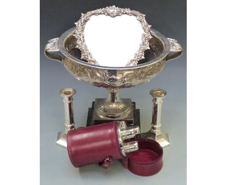 Plated ware including a heart shaped bevelled glass mirror with easel back impressed K &amp; S London, height 27cm,&nbsp;pede