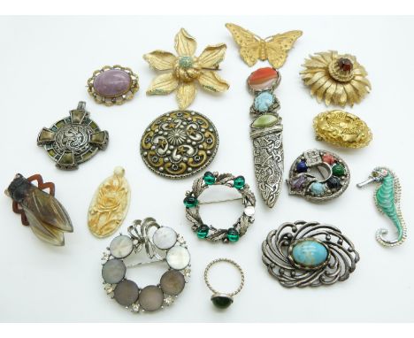A collection of brooches including Miracle, Exquisite, enamel and marcasite, French Art Deco insect etc&nbsp;