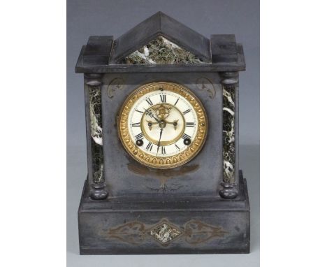 19thC slate mantel clock with Belgian marble type decoration, the Ansonia movement with visible escapement striking on a gong