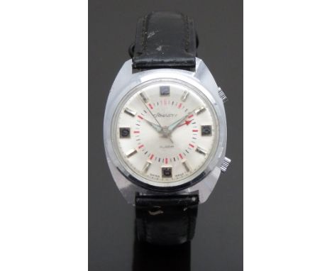 Dynasty Alarm gentleman’s wristwatch with luminous hour and minute hands, red arrow alarm hand, silver dial, stainless steel 