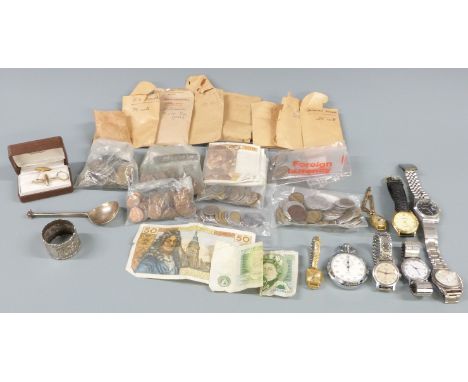 Hallmarked silver napkin ring and seal top spoon, weight 51g, wristwatches including Sekonda and Accurist, Smiths stopwatch, 