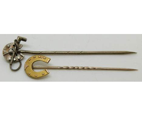 Victorian/Edwardian 15ct gold stick pin and a silver stick pin, both in the form of horseshoes