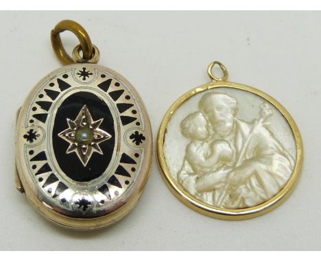 Victorian locket set with black enamel and a seed pearl and mother of pearl St Christopher&nbsp;