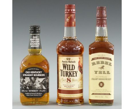 Three bottles of Kentucky Straight Bourbon Whisky comprising Rebel Yell, 700ml, 40%, Austin Nichols Wild Turkey aged 8 years,