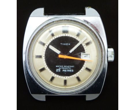 Timex gentleman's automatic wristwatch with date aperture, silver and blue dial, two-tone hour markers, luminous hour and min