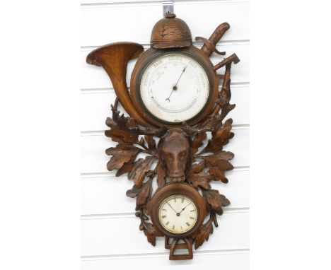 Late 19thC/early 20thC Black Forest barometer, thermometer, clock compendium with carved hunting/riding theme decoration and 