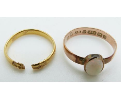Edwardian 9ct rose gold ring set with an opal, Birmingham 1901, 1.4g, size N and a yellow metal ring (2.1g)