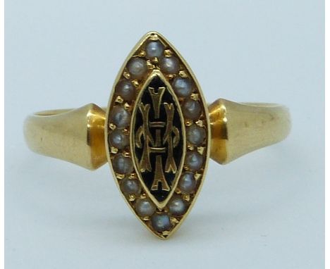 Victorian&nbsp;18ct gold ring in a marquise shape set with enamel surrounded by seed pearls, 3.3g, size S