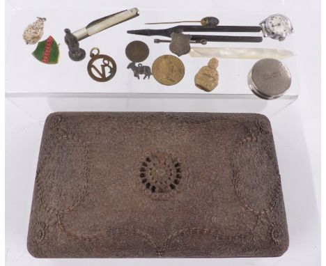 A collection of items including vintage charms, Smiths watch, carved wooden box etc